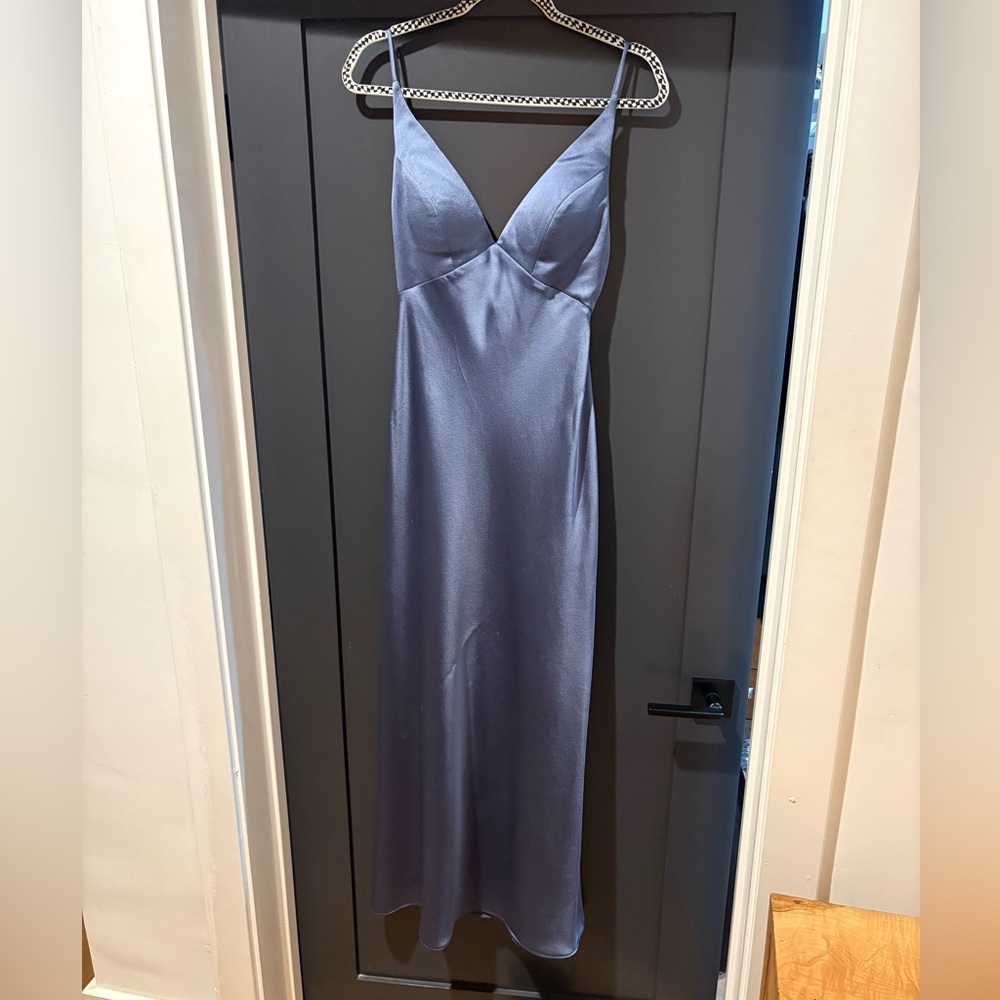 Jenny Yoo Satin Slip Maxi Dress in Steel Blue
